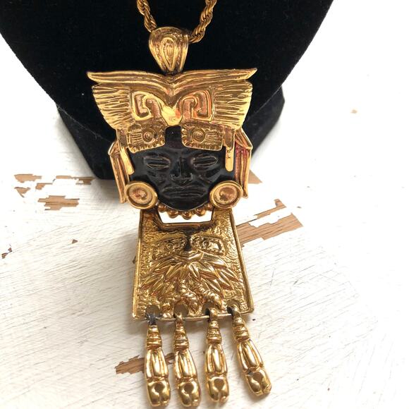 Vintage Rare Salvador Teran Marbel Mexico Signed Aztec Warrior Pendant Necklace - Picture 3 of 7